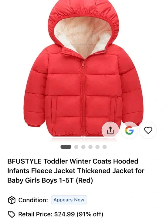 Toddler Puffer Jacket – Red Hooded Fleece Lined Coat - Picture 1 of 3